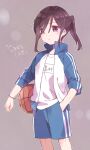  1girl absurdres adachi_sakura adachi_to_shimamura bangs basketball black_hair blue_shorts blush brown_background carrying_under_arm closed_mouth commentary_request eyebrows_visible_through_hair gym_shirt gym_shorts gym_uniform hair_over_one_eye hand_in_pocket highres jacket long_hair long_sleeves open_clothes open_jacket ponytail purple_eyes shirt short_shorts shorts simple_background solo sorimachi-doufu sweat track_jacket translation_request white_jacket white_shirt 