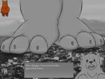  ... 2021 3_fingers 3_toes 4:3 anthro barefoot bear_and_breakfast big_feet big_toes black_eyes black_nose brown_body brown_ears brown_fur brown_tail building city claws cloud confusion dialogue dialogue_box dilated_pupils english_text featureless_crotch feet fingers foot_fetish foot_focus fur grey_body grey_ears grey_fur hank_(bear_and_breakfast) hi_res huge_feet huge_toes looking_at_viewer macro male mammal mountain nude open_mouth photo_background round_ears simple_eyes size_difference sketch_foreground sky smashcuenta123 smile solo standing teeth text toe_claws toes ursid video_games 