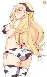  1girl absurdres alternate_costume animal_ears animal_print artist_logo ass bikini blonde_hair blue_eyes blush breasts commentary_request covered_nipples cow_ears cow_horns cow_print cow_tail cowboy_shot crossed_arms dated ear_tag fake_animal_ears fake_horns from_behind hair_between_eyes highres horns kanon_(kurogane_knights) kantai_collection large_breasts long_hair looking_at_viewer mole mole_under_eye mole_under_mouth richelieu_(kantai_collection) side-tie_bikini simple_background solo swimsuit tail white_background white_bikini 