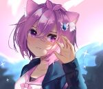  1girl absurdres animal_ear_fluff animal_ears atelier_live blue_jacket blush cat_ears dayshiart hair_between_eyes hand_up highres jacket kemonomimi_mode looking_to_the_side open_hand purple_eyes purple_hair sailor_collar school_uniform serafuku short_hair solo sparkle upper_body virtual_youtuber water_drop_hair_ornament yamane_chiika 