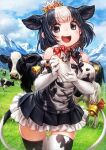  1girl animal_ears animal_print bare_shoulders bell black_hair black_neckwear black_skirt blush bottle bow bowtie commentary_request cow cow_ears cow_girl cow_print cow_tail elbow_gloves extra_ears eyebrows_visible_through_hair frilled_skirt frills glove_bow gloves hair_bow hair_bun highres holstein_friesian_cattle_(kemono_friends) kemono_friends lain looking_at_viewer milk_bottle multicolored_hair open_mouth orange_bow pleated_skirt print_gloves print_legwear print_shirt red_bow shirt short_hair skirt sleeveless solo tail tail_bell tail_bow tail_ornament thighhighs two-tone_hair zettai_ryouiki 