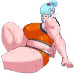  1:1 5_fingers belly biceps big_breasts blue_hair bodily_fluids bra breasts clothing cyclops digital_media_(artwork) elf-san_wa_yaserarenai. female fingers hair hi_res hitome huge_breasts humanoid humanoid_pointy_ears mammal muscular muscular_female muscular_humanoid not_furry open_mouth simple_background sitting slightly_chubby smile solo sports_bra sweat synecdoche thick_thighs tight_clothing underwear white_background wide_hips 