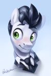  2021 2:3 absurd_res ambiguous_form black_hair blue_background blush bust_portrait clothing english_text equid equine fan_character fur green_eyes hair hasbro hi_res horse jedayskayvoker male mammal my_little_pony necktie pony portrait signature simple_background smile solo suit swing_rhythm text white_body white_fur 