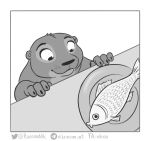  2021 3_fingers anthro comic digital_drawing_(artwork) digital_media_(artwork) felix_(nik159) feral fingers fish food furniture greyscale hi_res looking_at_food looking_at_object lutrine male mammal marine monochrome mustelid nik159 plate simple_background solo table text url white_background 