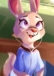  2021 anthro buckteeth cheek_tuft clothed clothing disney earbuds facial_tuft fully_clothed fur grey_body grey_fur headphones hi_res judy_hopps lagomorph leporid light lighting mammal open_mouth open_smile purple_eyes rabbit shirt smile solo t-shirt teeth tohupo topwear tuft zootopia 