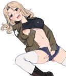  black_tank_top blonde_hair bomber_jacket boots breast_grab breasts covered_nipples denim denim_shorts fingering girls_und_panzer grabbing highres jacket kay_(girls_und_panzer) long_hair looking_at_viewer lying masturbation masturbation_through_clothing midriff navel nipples no_bra on_back one_breast_out onsen_tamago_(hs_egg) shirt_lift shorts tank_top thighhighs white_legwear 