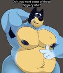  2020 absurd_res anthro areola armpit_hair bandit_(bluey) belly biceps big_belly big_muscles big_pecs black_nose blue_body blue_fur bluey_(show) body_hair canid canine canis dialogue domestic_dog english_text eyebrows facial_hair fur gesture hand_behind_head hi_res huge_muscles looking_down love_handles male mammal mature_male musclegut muscular muscular_anthro muscular_male navel open_mouth overweight overweight_anthro overweight_male pecs pointing portrait raised_eyebrows simple_background smile solo standing stubble teeth text three-quarter_portrait tongue xleepy yellow_body yellow_fur 