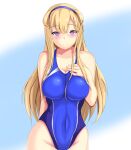  1girl arms_behind_back blonde_hair blue_background blue_swimsuit blush breasts collarbone competition_swimsuit cowboy_shot double_bun eyebrows_visible_through_hair fletcher_(kantai_collection) gradient gradient_background hair_between_eyes hairband hand_on_own_chest highleg highleg_swimsuit highres kantai_collection large_breasts long_hair looking_at_viewer montemasa one-piece_swimsuit purple_eyes solo standing swimsuit 