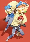  2boys akabane_karma ansatsu_kyoushitsu bangs blue_eyes blue_hair blue_headwear blue_vest boots brown_gloves commentary_request denim fighting_stance flying_sweatdrops gloves hat jeans knee_up koro-sensei_quest looking_at_viewer male_focus meipoi multiple_boys official_alternate_costume open_mouth pants red_background red_hair scarf shiota_nagisa shoes short_hair simple_background smile sword vest weapon 