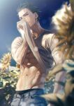  1boy abs alternate_costume black_eyes black_hair black_male_underwear blurry_foreground cowboy_shot denim flower golden_kamuy highres jeans lifted_by_self looking_at_viewer male_focus navel pants pectorals scar scar_on_cheek scar_on_face scar_on_nose shirt_lift short_hair short_sleeves simple_background smile solo spiked_hair sugimoto_saichi sunflower sweat toned toned_male w55674570w 