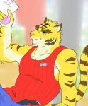  2015 anthro bottomwear brown_body brown_fur clothing felid fur humanoid_hands kemono male mammal morenatsu pantherine pants shirt solo tiger topwear torahiko_(morenatsu) unknown_artist video_games visual_novel yellow_body yellow_fur 