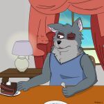  1:1 2021 absurd_res anthro black_nose cake canid canine canis dared_u dessert food fur grey_body grey_fur hi_res humanoid_hands inside male mammal password_(visual_novel) sitting solo tyson_(password) video_games visual_novel wolf 