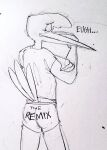  2020 anthro avian beak bird butt clothing covering covering_face crossed_arms dialogue disgust head_tuft leaning looking_back male rear_view shirt simple_background sketch solo stork topwear tuft underwear white_background xleepy 