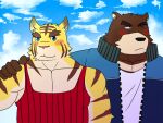  2015 4:3 anthro barazoku blush brown_body brown_fur clothing duo felid fur humanoid_hands juuichi_mikazuki kemono male male/male mammal morenatsu outside pantherine shirt tiger topwear torahiko_(morenatsu) unknown_artist ursid video_games visual_novel 