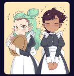  2girls :&gt; amity_blight apron black_border border dark_skin dark_skinned_female gm92 green_hair highres light_blush looking_at_viewer luz_noceda maid maid_apron multicolored_hair multiple_girls pointy_ears smile sweatdrop the_owl_house tray two-tone_hair wrist_cuffs yellow_eyes 