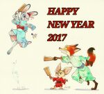  2017 absurd_res action_pose anthro asian_clothing barefoot brown_eyes canid canine clothing dipstick_tail disney east_asian_clothing english_text female fennec finnick fox green_eyes group hi_res holding_object holidays inner_ear_fluff japanese_clothing judy_hopps jumping kanata kimono lagomorph leporid madkanatan male mammal multicolored_tail new_year nick_wilde one_eye_closed open_mouth paddle pose purple_eyes rabbit running simple_background size_difference standing text tongue tongue_out tuft zootopia 