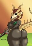  anthro big_breasts big_butt breasts butt cobalt_canine demon female genitals gun holding_gun holding_object holding_weapon huge_butt nipples pussy ranged_weapon rear_view skull_head solo weapon 