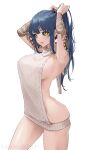  1girl absurdres armpits bangs blue_hair blush borrowed_character breasts expulse highres long_hair looking_at_viewer meme_attire original ponytail sideboob simple_background solo tattoo virgin_killer_sweater white_background yellow_eyes 