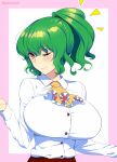  1girl alternate_hair_length alternate_hairstyle ascot breasts commentary_request eyebrows_visible_through_hair green_hair highres kazami_yuuka large_breasts long_hair long_sleeves looking_at_viewer mattari_yufi one_eye_closed orange_eyes ponytail slit_pupils smile solo touhou twitter_username upper_body 