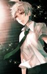  1boy arms_at_sides bangs black_pants collared_shirt commentary_request cowboy_shot crying crying_with_eyes_open danganronpa_(series) danganronpa_2:_goodbye_despair facing_to_the_side green_neckwear grey_shirt hinata_hajime hinata_hajime_(awakened) looking_at_viewer male_focus necktie pants red_eyes sakuyu shirt short_hair short_sleeves sketch solo sparkle spoilers tears upper_body white_hair 