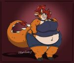  anthro belly_overhang big_breasts bovid bovine breasts cattle clothed clothing cloven_hooves dragon ear_piercing female fur green_eyes hair hooves horn hybrid mammal navel orange_body orange_fur overweight overweight_anthro overweight_female pepperjack_art piercing red_hair solo thick_thighs 