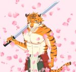  2015 anthro asian_clothing bottomwear clothing east_asian_clothing felid fundoshi humanoid_hands japanese_clothing kemono male mammal muscular muscular_anthro muscular_male nipples pantherine pants petals solo tiger underwear unknown_artist weapon 