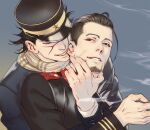  2boys biting black_eyes black_hair blue_jacket buttons collared_jacket ear_biting facial_hair golden_kamuy hair_slicked_back hair_strand hand_on_another&#039;s_face hat imperial_japanese_army jacket kepi male_focus military military_hat military_uniform multiple_boys nibbling ogata_hyakunosuke scar scar_on_cheek scar_on_face scar_on_nose scarf short_hair simple_background smile smoke spiked_hair stubble sugimoto_saichi undercut uniform upper_body w55674570w yellow_scarf 