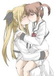  2girls black_ribbon blonde_hair blush brown_hair closed_eyes couple elf_(stroll_in_the_woods) fate_testarossa hair_ribbon highres kiss looking_at_another lyrical_nanoha mahou_shoujo_lyrical_nanoha mahou_shoujo_lyrical_nanoha_a&#039;s multiple_girls neck_ribbon purple_eyes red_ribbon ribbon school_uniform short_twintails simple_background sitting sitting_on_lap sitting_on_person takamachi_nanoha twintails uniform white_background white_ribbon yuri 