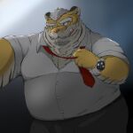  1:1 2021 anthro belly bottomwear clothing felid fur hi_res humanoid_hands kemono male mammal necktie overweight overweight_anthro overweight_male pantherine pants pink_nose shirt solo tiger tongue tongue_out topwear yanununununu yellow_body yellow_fur 