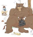  2004 anthro balls barely_visible_balls barely_visible_genitalia beard bottomwear brown_body brown_fur canid canine canis censored clothing domestic_dog duo eyewear facial_hair fur genitals glasses human kemono kira_nerisu male mammal moobs nipples overweight overweight_male pants shirt topwear 