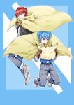  2boys akabane_karma ansatsu_kyoushitsu bangs belt blue_background blue_eyes blue_hair blue_vest brown_belt brown_cape brown_gloves brown_jacket cape commentary_request denim full_body gloves hand_up holding holding_map jacket jeans koro-sensei_quest long_sleeves looking_at_viewer male_focus map meipoi multiple_boys official_alternate_costume open_mouth pants red_eyes red_hair shiota_nagisa shirt short_hair smile vest white_shirt wings 