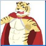  1:1 2015 anthro build_tiger build_tiger_(character) cape clothing fangs felid humanoid_hands kemono male mammal muscular muscular_anthro muscular_male one_eye_closed pantherine simple_background solo tiger unknown_artist white_background wink 