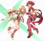  2girls :d ass bangs bare_legs bare_shoulders black_gloves blonde_hair blush breasts chest_jewel cleavage cleavage_cutout clothing_cutout commentary_request dress earrings elbow_gloves fingerless_gloves gloves highres jewelry large_breasts legend_of_nappo long_hair looking_at_viewer looking_back multiple_girls mythra_(xenoblade) open_mouth pyra_(xenoblade) red_eyes red_footwear red_hair red_legwear red_shorts short_dress short_hair short_shorts shorts smile swept_bangs thigh_strap thighhighs tiara white_background white_dress white_footwear white_gloves xenoblade_chronicles_(series) xenoblade_chronicles_2 yellow_eyes 