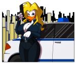  2020 alpha_channel anatid anseriform anthro avian beak big_breasts bird black_bottomwear black_clothing black_pants blonde_hair blue_clothing blue_jacket blue_topwear bottomwear breasts building car cleavage clothed clothing detailed_background digital_media_(artwork) duck eyeshadow female front_view green_eyes gun hair handgun holding_gun holding_object holding_weapon huge_breasts jacket long_hair looking_at_viewer lordstevie makeup non-mammal_breasts orange_beak pants police_car portrait purple_eyeshadow ranged_weapon solo standing three-quarter_portrait topwear vehicle weapon white_body 