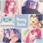  &gt;_&lt; 1boy 1girl absurdres blue_eyes blue_hair brushing closed_eyes commentary eyelashes fangs gen_1_pokemon gen_2_pokemon gi_xxy hair_brush head_on_pillow highres holding indoors james_(pokemon) jessie_(pokemon) long_hair meowth mouth_hold one_eye_closed open_mouth parted_lips pillow pokemon pokemon_(anime) pokemon_(creature) red_hair sleeping team_rocket teeth tongue toothbrush wavy_mouth wobbuffet 