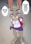  absurd_res anthro backpack clothing disney english_text eyeshadow female hi_res ilovejudyhopps judy_hopps lagomorph leporid makeup mammal panties panty_shot police_officer presenting proposal rabbit school_bag school_uniform slutty_clothing solo text undercover underwear uniform zootopia 