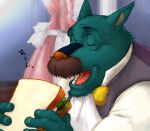  2004 blue_body blue_fur canid canine canis clothing domestic_dog eyes_closed facial_hair food fur humanoid_hands kemono kira_nerisu male mammal mustache necktie sandwich_(food) sherlock_hound_(series) shirt solo topwear watson 