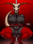  3:4 anthro areola big_breasts breasts butt_from_the_front capra_demon clothing cobalt_canine crouching dark_souls demon female fromsoftware genitals hi_res huge_breasts legwear multi_eye nipple_piercing nipples piercing pussy skull_head solo spread_legs spreading thick_thighs thigh_highs tongue tongue_out video_games 