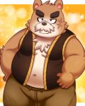  2021 anthro belly bottomwear brown_body brown_fur bulge clothing facial_hair fur hi_res kemono lako male mammal mustache navel overweight overweight_anthro overweight_male pants scar solo ursid 