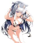  1girl animal_ears animal_print armpits arms_up bikini breasts cow_ears cow_girl cow_print cow_tail horns large_breasts long_hair looking_at_viewer navel original purple_eyes silver_hair simple_background solo swimsuit tail tomura2maru very_long_hair white_background 