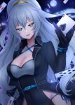  .live awai_shiro belt black_gloves blue_eyes blurry blurry_background breasts card cleavage collarbone commentary_request full_moon gloves hair_between_eyes hair_ornament highres jacket large_breasts long_hair moon open_mouth ponytail rikumu virtual_youtuber 