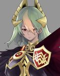  1girl armor black_feathers cape dark_skin dark_skinned_female earrings fire_emblem fire_emblem_heroes gradient_hair green_hair grey_background highres horn_ornament horns jewelry laegjarn_(fire_emblem) medium_hair multicolored_hair orange_hair red_cape red_eyes simple_background solo upper_body user_tpkf3283 