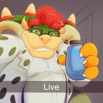  2021 4_fingers anthro bearafterall beverage bottle bottomwear bowser claws close-up clothed clothing doctor dr._bowser english_text eyebrows eyewear fangs fingers glasses green_body green_skin hair hi_res horn humor inside koopa looking_at_viewer male mario_bros meme multicolored_body multicolored_skin musclegut narrowed_eyes nintendo orange_body orange_skin pants pecs portrait red_eyebrows red_eyes red_hair scalie selfie sharp_teeth shell shirt short_hair smile solo spiked_shell spikes spikes_(anatomy) squint tan_body tan_nose tan_skin teeth text topwear video_games water water_bottle window 
