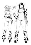  2girls ^_^ absurdres alternate_costume animal_ears animal_print arm_under_breasts arm_warmers ass_visible_through_thighs bangs banned_artist bikini blush bow braid breasts closed_eyes collarbone commentary_request cow_ears cow_horns cow_print dated embarrassed fake_animal_ears full-face_blush full_body greyscale hair_between_eyes hair_bow hair_ribbon hand_on_hip highres hong_meiling horns izayoi_sakuya kamiyama_aya large_breasts leg_warmers long_hair looking_away looking_to_the_side monochrome multiple_girls navel parted_bangs ribbon short_hair_with_long_locks side_braids signature simple_background small_breasts standing swimsuit touhou tress_ribbon twin_braids very_long_hair white_background |d 