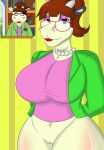  big_breasts bottomless bovid bovine breasts brown_hair cattle clothed clothing eyeshadow eyewear female genitals glasses hair hi_res horn jewelry lips makeup mammal ms._cowoline necklace pussy red_lips solo unknown_artist webkinz 