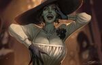  absurdres breasts claws cleavage crazy_eyes gloves green_eyes hat highres jewelry large_breasts laughing lipstick makeup mature necklace olga_(resident_evil) pale_skin resident_evil resident_evil_8 short_hair signejeppesen smeared_lipstick smile sun_hat veins 
