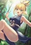  1girl bangs bare_legs blonde_hair blue_dress blush collarbone day dr._stone dress eyebrows_visible_through_hair forest green_eyes hair_between_eyes kohaku_(dr._stone) looking_at_viewer nanase_(nns_6077) nature open_mouth outdoors shiny shiny_hair sleeveless sleeveless_dress solo tied_hair 