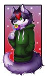  candy canid canine clothing dessert food fox green_eyes hi_res hoodie kehto lollipop male mammal naru_arai solo topwear 