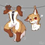  1:1 4_fingers acky05 animate_inanimate anthro canid canine claws clothing costume dangling dismembered drying feet fingers fox fur fursuit hanging_by_ears hi_res living_fursuit male mammal nude solo toes wet 