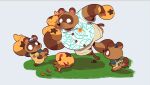  2021 absurd_res animal_crossing anthro apron bennycartoonist bottomwear brown_body brown_fur canid canine clothing coin fur group hat headgear headwear hi_res male mammal money_bag nintendo overweight overweight_male raccoon_dog shirt shorts tanuki timmy_nook tom_nook_(animal_crossing) tommy_nook topwear video_games 